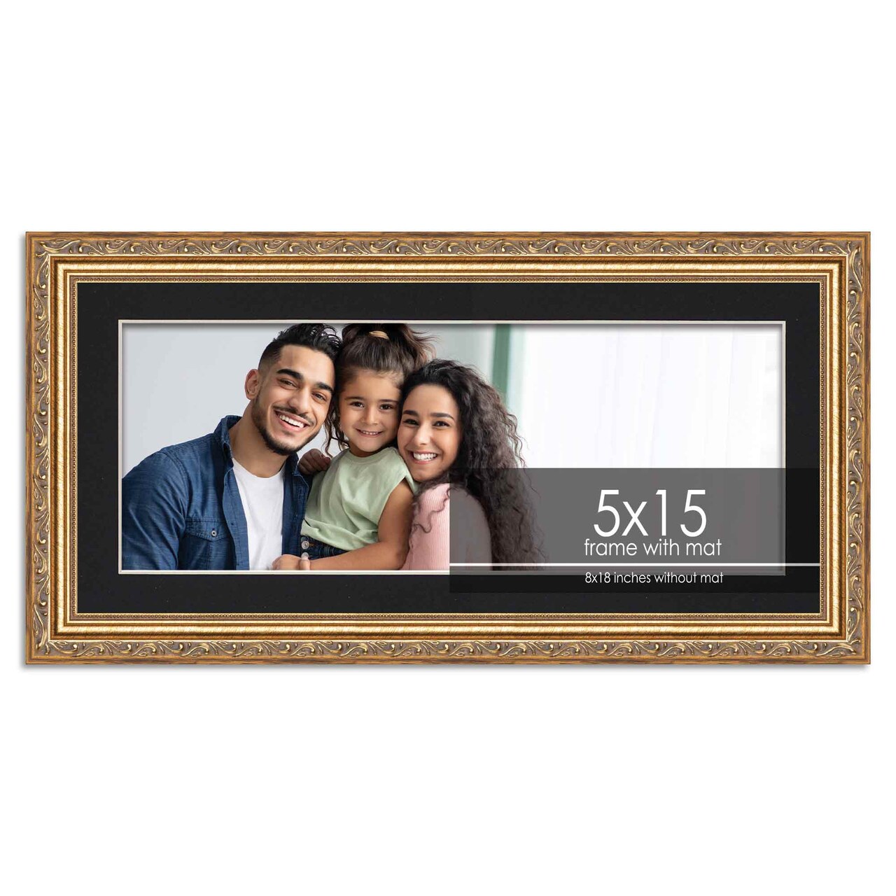 Antique Gold Frame with Black Photo Mat, UV Acrylic Front, Foam Board Backing, 60 Sizes Available